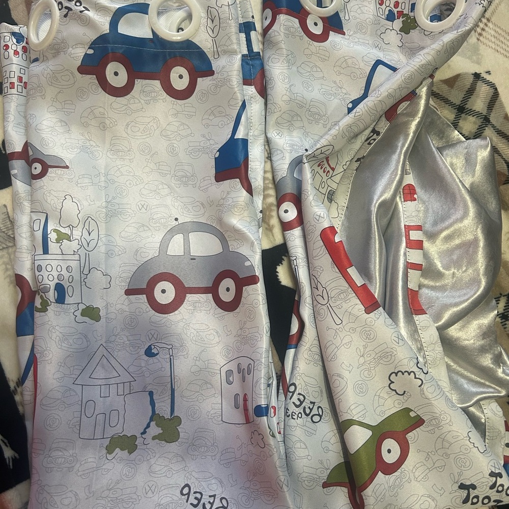 Boys car curtains with grey on the inside